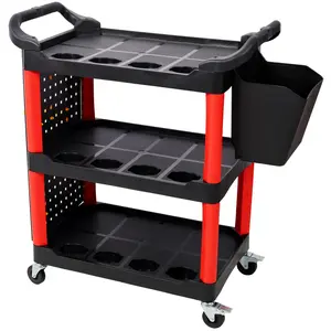 3 Tier Rolling Auto Detail Cart With Wheels,With Bucket & Panel & Hook,for Detailers Garage, Workshop, Repair Shop, Storage Tool,Red&Black Organiser Hanging