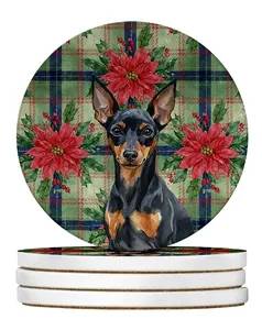 Carolines Treasures WDK8715RCS4 4 x 4 in. Black & Tan Miniature Pinscher Christmas Poinsettias Large Sandstone Coasters, Pack of 4