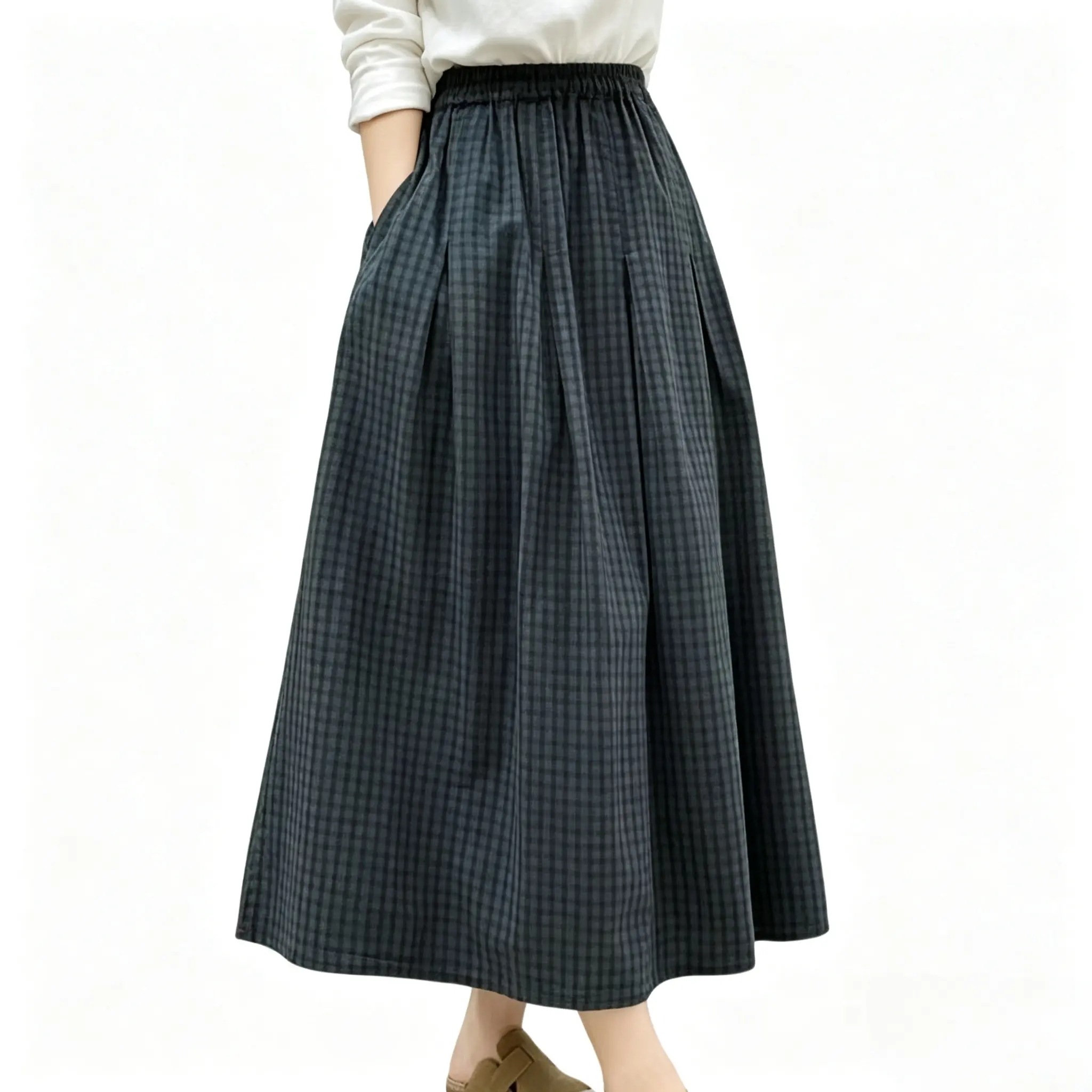 utcoco Women's Classic High-Waist Gingham Check Cotton Skirt - Breathable, Elastic-Fit, Lightweight A-Line Flared Graphic Crop Midi with Side Pockets, Year-Round Women's Bottoms for Casual & Office Wear, Retro, Flowy Skirts, 2Xl, Elastic Waist, No, Fabric