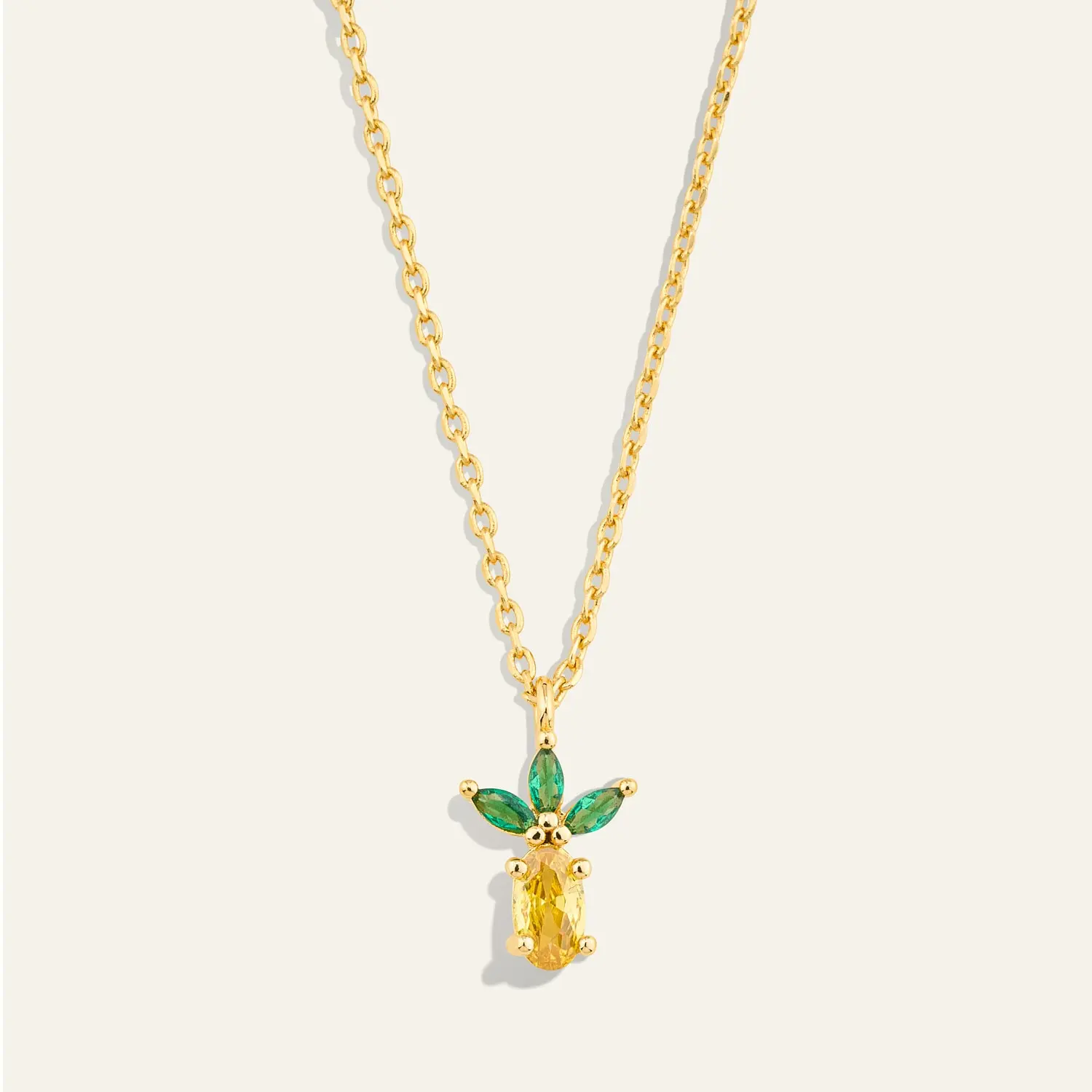 Radiant Pineapple Necklace Gold Plated Brass Chain with Green Rhinestones Timeless Mini Pendant for Any Occasion