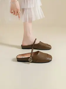Women's Square Toe Mule Slides, Closed Toe Backless Flat Mules with Adjustable Buckle Strap, Comfortable Faux Leather Mary Jane Clogs for Ladies, Casual Slip-on Shoes for Office, Daily Wear, Indoor Outdoor
