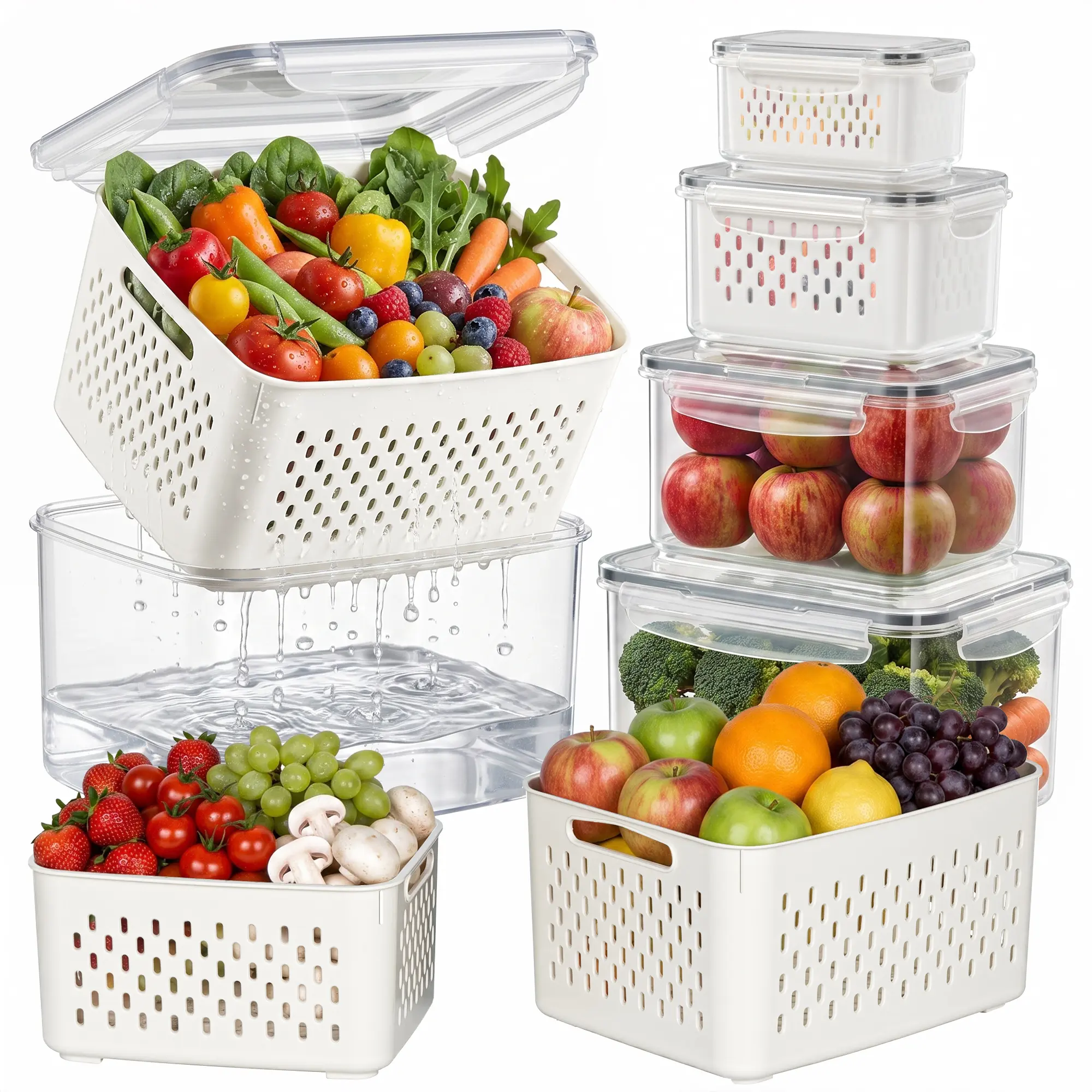 5 Pack Fridge Organizers and Food Storage - Stackable Fruit Storage Containers for Fridge with Removable Colander, BPA-Free, Airtight Storage Container to Keep Fruits, Vegetables, Berry, Meat Fresh longer, Best Gift