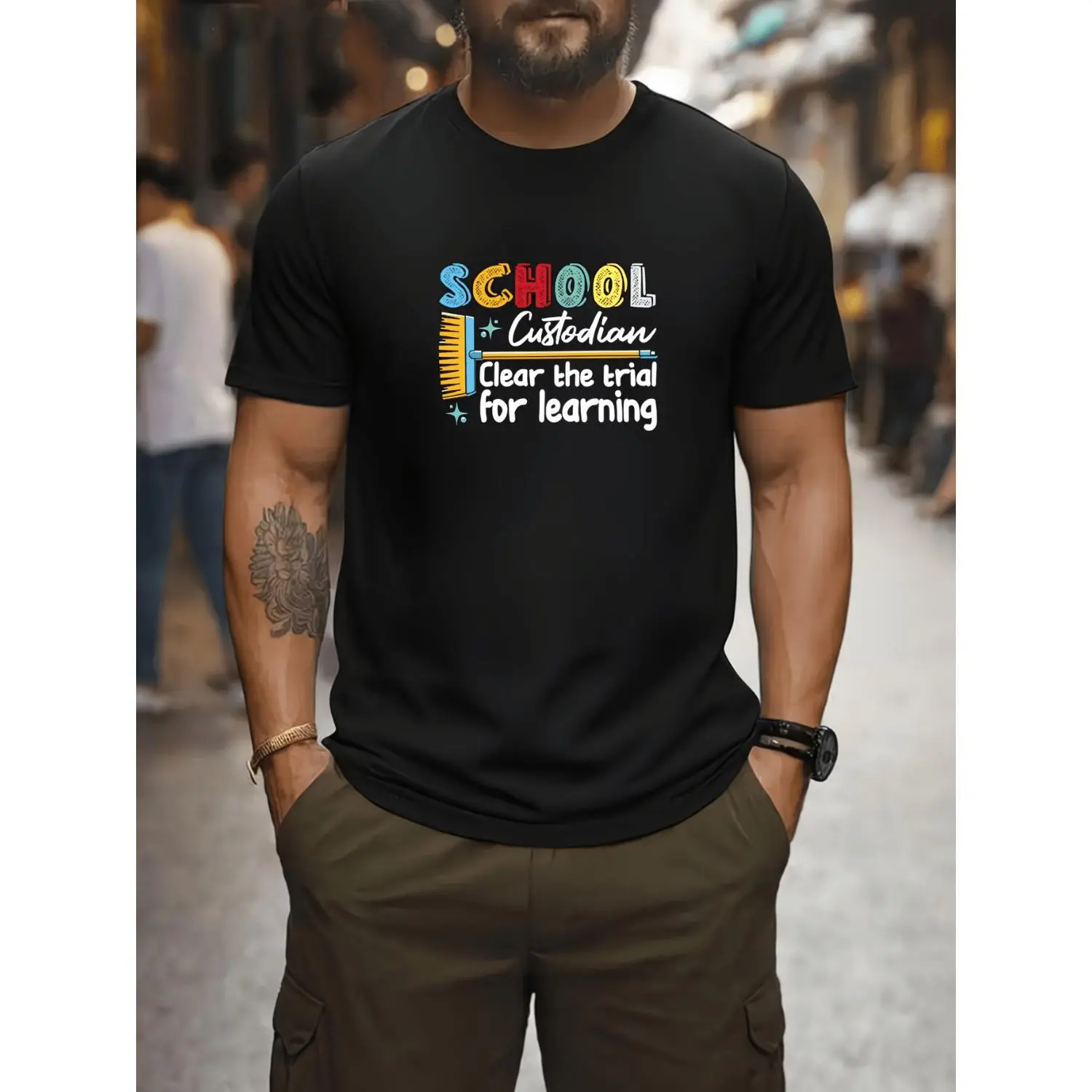 Mens Cotton T-shirt With Graphic Crew Neck School Custodian Janitor Print Featuring Clear The Trail For Learning Text Stylish Streetwear For Daily Casual Versatile Fit Slight Stretch Fabric