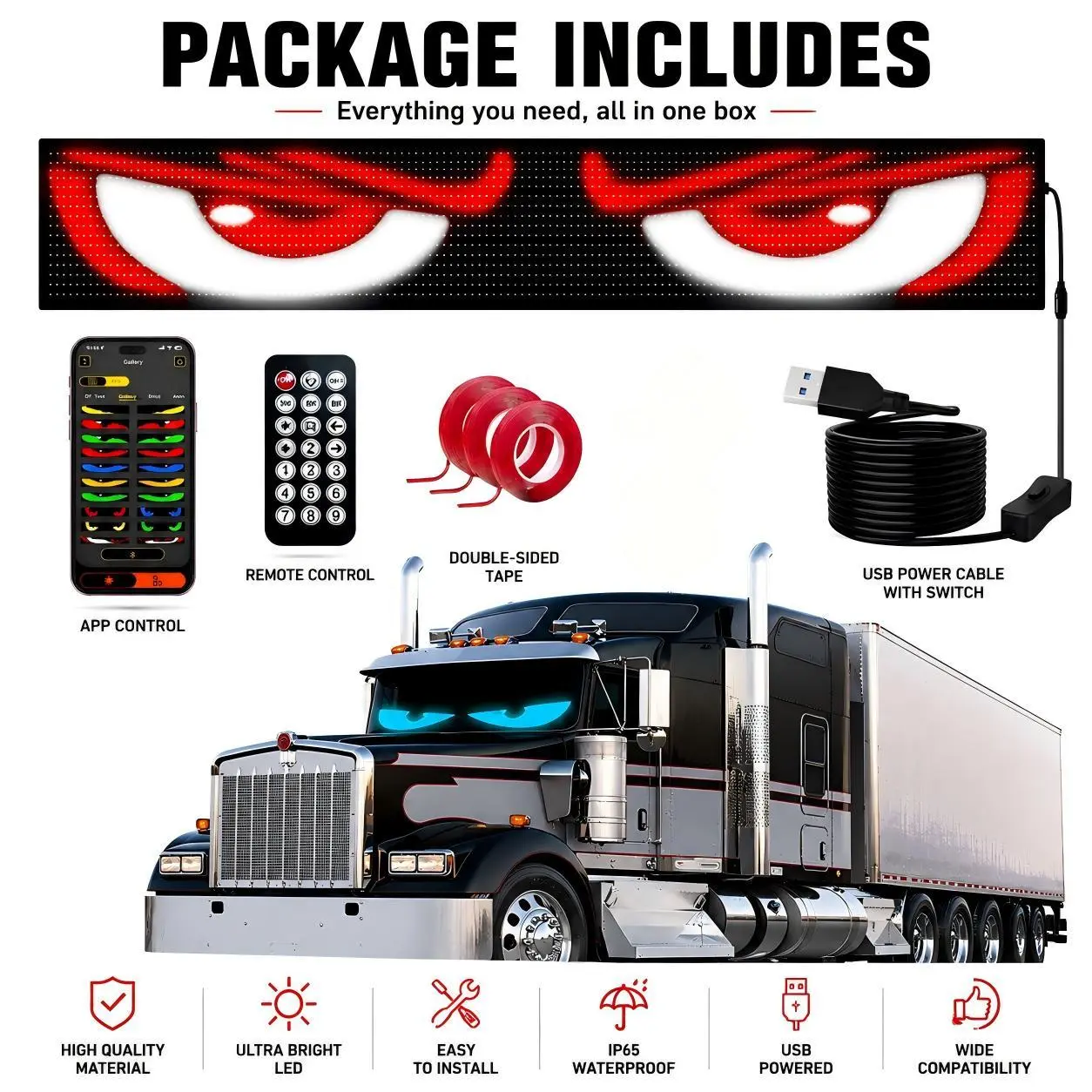 RAZEN RGB Devil-Eye Neon LED Headlights for Cars/SUVs/Trucks, 2mm Thick Adhesive Mount, 5V Bluetooth APP Control, IP65 Waterproof Flexible Panel, Bold Colorful Animations for Night Driving