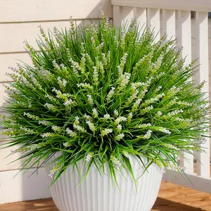 12 Bundles Artificial Plants Outdoor Fake Monkey Grass with Flowers for Pot UV Resistant Plant Decor for Window Garden Patio Hanging Planter Pathway Front Porch