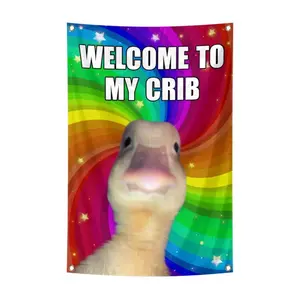 Welcome to My Crib Funny Flags Duck 2x3 Feet Rainbow Color Bedroom Wall Art Tapestry with Four Brass Buckle Holes for Family Dormitory Living Room