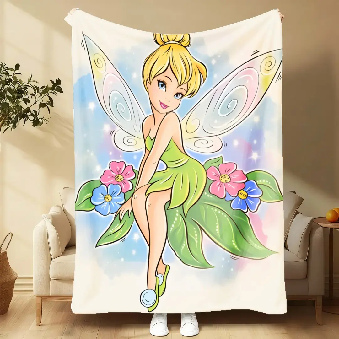 Tinkerbell Print Traditional Decorative Throw Blanket - White Fairy-Theme Design with Flower Accents, 100% Polyester Wrinkle-Resistant Soft-Textured Blanket, Multi-Size Living Room Bedroom Sofa Couch Bed Gift