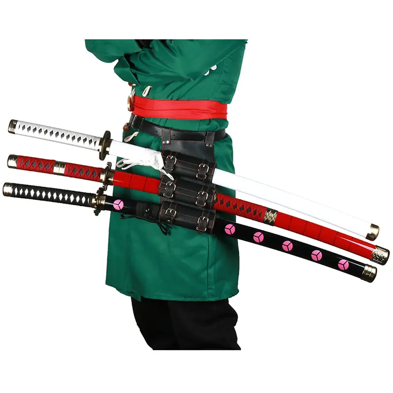 Roronoa Zoro Sword Set, 3-Piece 41-Inch Bamboo Wooden Anime Katana Props with Belt & Stand for Halloween Costumes, Christmas Birthday Gift