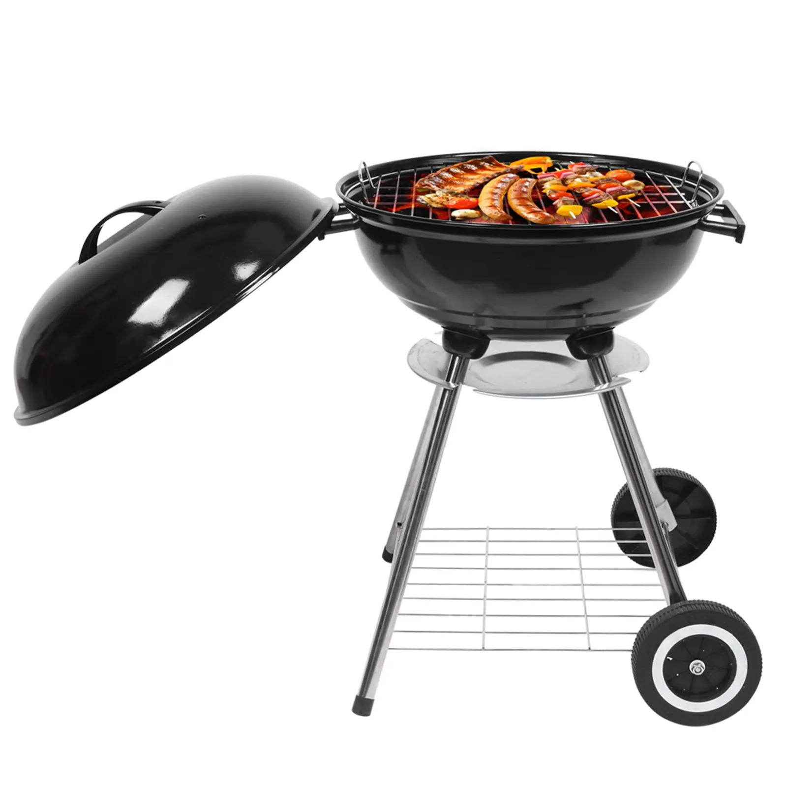 18-Inch Black Enamel Apple Kettle Charcoal Grill, Enamel Cover Stove Body with Heat-Insulated Lid Handle, Durable White-Rim Rolling Wheels, 1-Touch Ash Cleaning System, Freestanding Outdoor Stove for Family Backyard Grilling