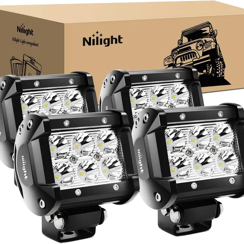 Nilight 4PCS 18W 1260lm Bright White Spot LED Bars - 12V-24V Waterproof Dustproof Sealed LED Pods with Aluminum Alloy Bracket Mount, Offroad Car Lighting, Truck Accessories, Fathers Day Gift