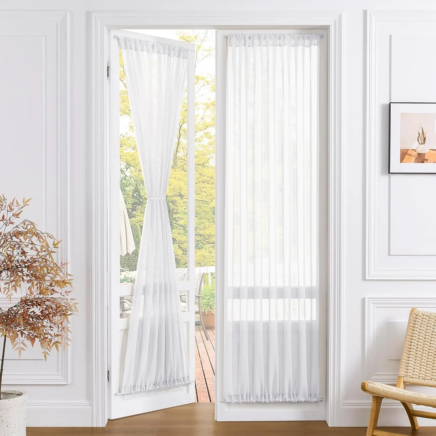 Sheer Door Curtains Closet Linen Textured Curtains Sheer Doorway Light Filtering Voile French Doors Rod Pocket Curtain Patio Glass Door, 25 x 72 inches Long, White, 1 Panel