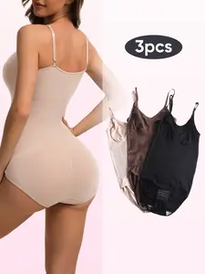 JUQDNX 3PCS Shapewear Bodysuit for Women Tummy Control Body Shaper Waist Trainer Full Body Shaper with Chest Support & Hip Lift in Black Apricot Brown Minimalist Basic Womenswear，Halloween and Black Friday