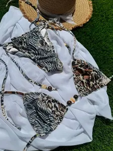 2026 New Fashion Leopard Print Bikini Set, Sexy Triangle Bottoms with Straps, Low Waist Two-Piece Swimsuit, Casual Beachwear for Vacation Parties, Swim Top Set, Bikini Outfits