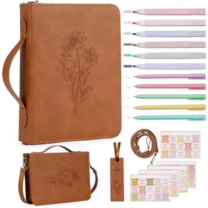 19PCS Floral Brown Leather Bible Cover Women Bible Cover Cases Teen Girls Christmas Gift Christian Carrying Bag Journaling Kit with Shoulder Strap Highlighter Pens & Book Marker Study Supplies