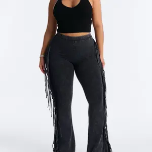 Women's Fringe Trousers - High Waist, Flared Leg, Black, Casual Style, All Seasons