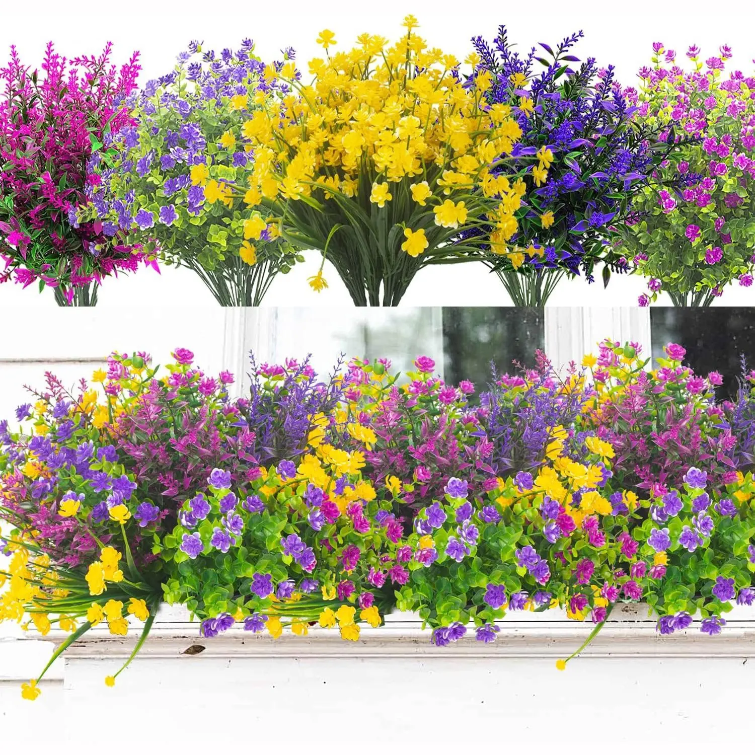 Artificial Spring Flowers Outdoors UV Resistant Decorative Fake Greenery Plants Realistic Plastic Flowers Outside Faux Silk Wildflowers for Home Planter Porch Garden Decor, Artificial Mixed Flower, Lifelike Fake Plant, 20 Bundles (Multicolor)