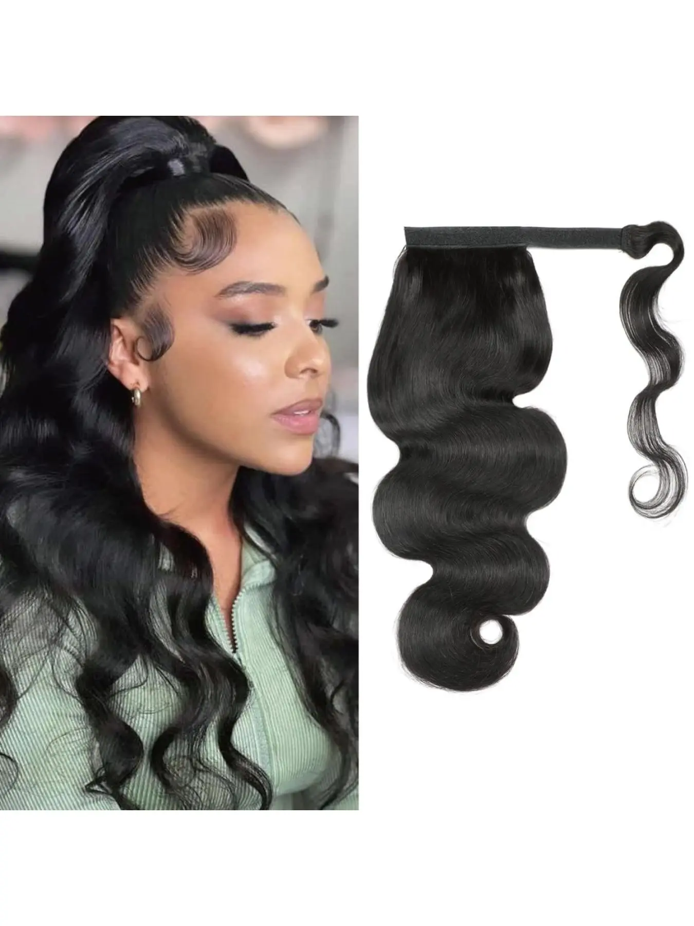 Brazilian Virgin Remy Human Hair Body Wave Wavy Hair Human Hair Ponytail Extension with Magic Paste Wrap Around Hair Extension Natural Color Real Hair Extensions for Women