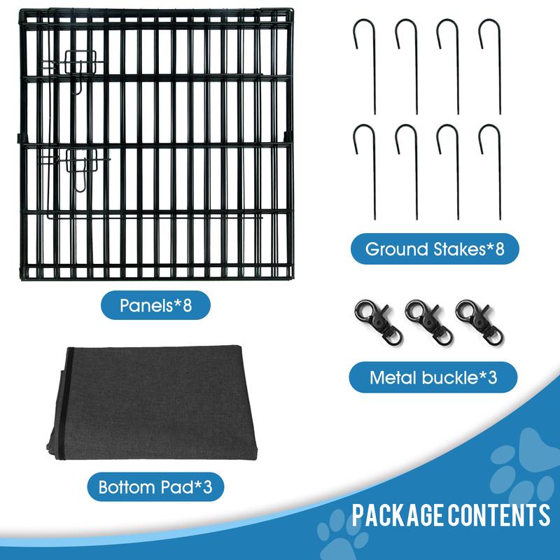 Dog Pen Pet Playpen Dog Fence Indoor Foldable Metal Wire Exercise Puppy Play Yard Pet Enclosure Indoor Outdoor 8 Panels 24 Inch with Bottom Pad/Top Cover (Black with bottom pad)