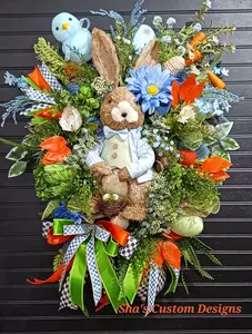Easter Bunny Wreath 22x30 Inch with Edward the Bunny Basket Ornaments Decor for Door Wall Spring Décor Featuring Deluxe Ribbon Daisies Florals & Birdie