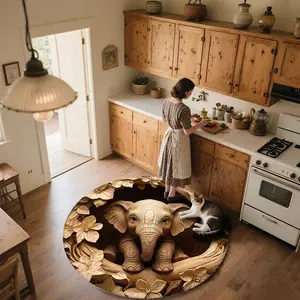 Elephant in Woodcarving Style  Round patterned carpet, non-slip round mat for bedroom, living room, pet bed, and chair, home decoration, birthday gift, Christmas gift, Valentine's Day gift