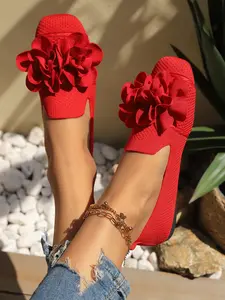 Women's Solid Color Flower Knit Flat Shoes, Slip-On Low-Cut Casual Commuter Footwear, Daily Wear Comfortable Sneakers