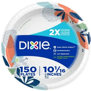 Dixie Large Paper Plates, 10 Inch, 150 Count, 2X Stronger*, Microwave-Safe, Soak-Proof, Cut Resistant, Disposable Plates For Everyday Breakfast, Lunch, & Dinner Meals