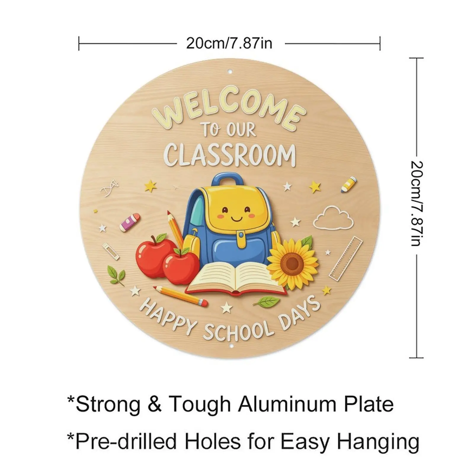 8-Inch Lightweight Aluminum Teacher Welcome Round Metal Wall Sign - Waterproof Tin Plaque, Cartoon Graphics, Light Wood Grain, Rustic Humor - Wall Decor for Preschool Classrooms, Fun Gift