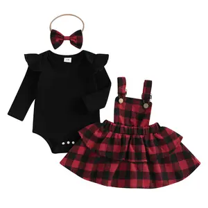Canrulo Baby Girl Christmas Outfits Long Sleeve Romper Plaid Overall Skirts Headband Newborn Infant Fall Winter Clothes