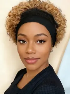 short curly human hair wig machine made wig natural black color 99J pixie wig headband pixie cut daily party use human hair pixie wig Natural Looking Wig for women