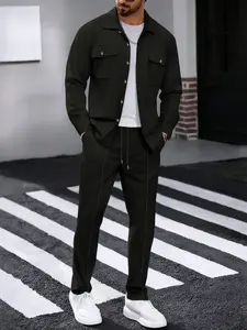 Men's Casual Business Two-Piece Set, Shirt Collar Gingham Jacket & Slim Fit Pants, Waffle Texture Dual Pocket Shirt Suit