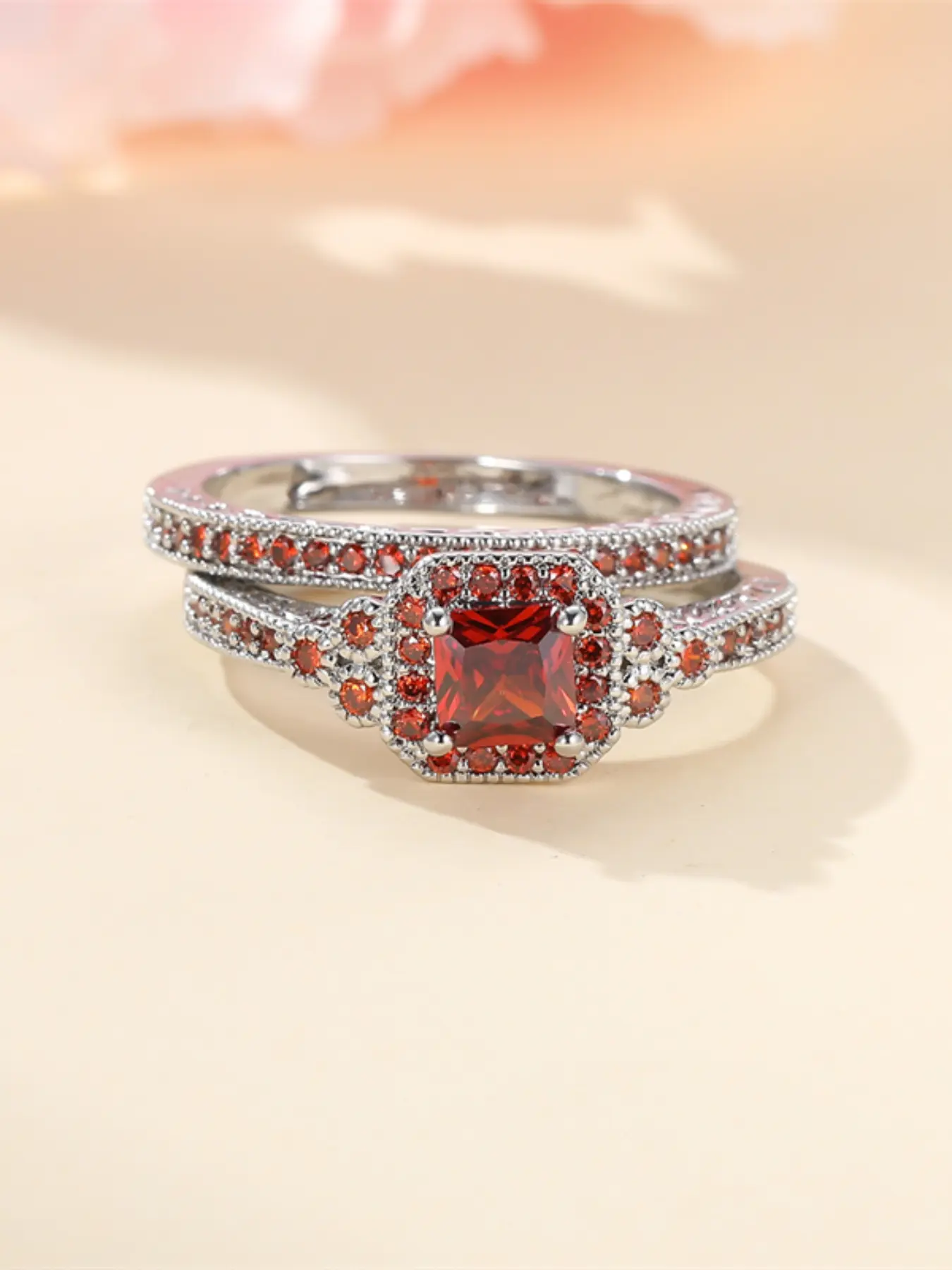 A platinum garnet red synthetic zirconia ring set, Gemstone Ring, is fashionable, high-end and simple, suitable for women to wear during proposals, travels and daily life Elegant Fashion Rings, Artificial Zircon Rings, Ring Jewelry