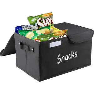 Snack Organizer for Pantry Shelf, Snack Organizer with Lids & Handles, Large 2-Compartment Snack Bin Snack Holder, Snack Basket for Chips Packets, Snack Bar Station -Black