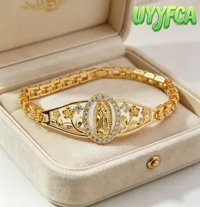 Women’s 14K Gold Plated Guadalupe Virgin Mary Bracelet, Hypoallergenic Non Tarnish Charm Jewelry with Rose and Crystal Accents, Comfortable Fit for Daily Wear and Gifting