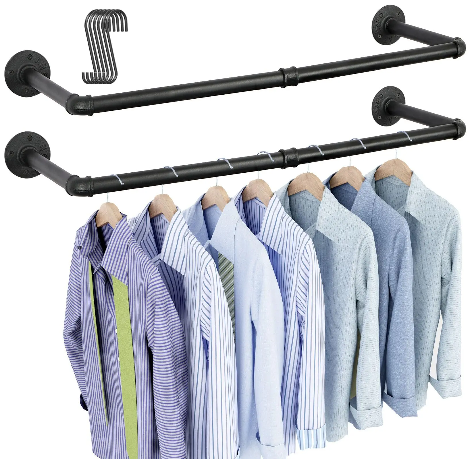 Set of 2 Wall Mounted Industrial Iron Pipe Clothes Rack, Heavy Duty Garment Hanging Rail, Multi-Purpose Storage Rod for Closet Laundry Room