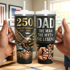 Dad The Man The Myth The Legend Tumbler 40oz With Handle And Straw, 250 Years Of Freedom 1776-2026 Patriotic Eagle Cup, Father’s Day Gift, Fist Bump Dad & Kids Graphic, 3D Look Printed Flat Travel Mug Stainless Steel  A Gift For Dad On Independence Day