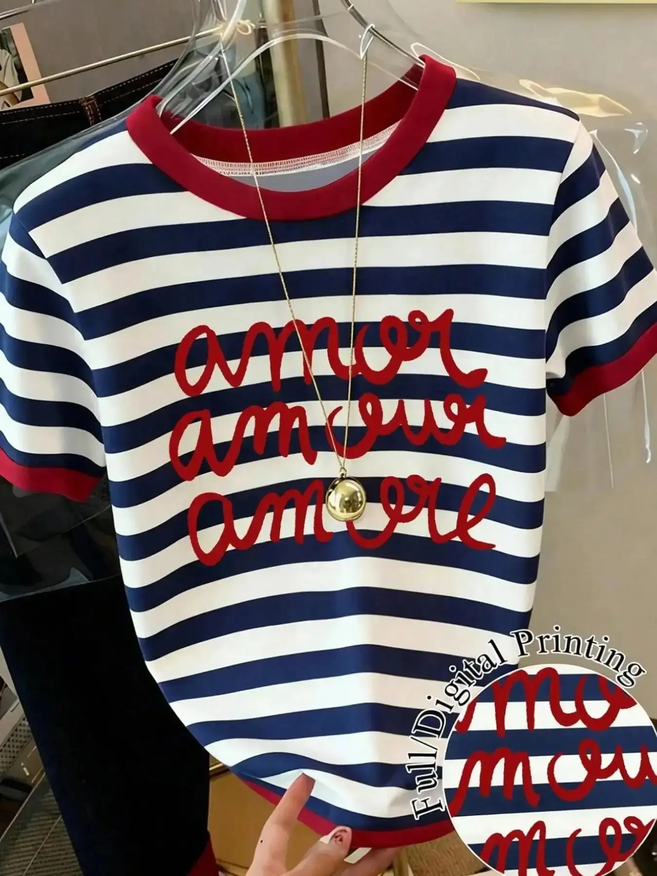 Women's Colorblock Striped Letter Print Short Sleeve T-Shirt, American Vintage Casual Slim Fit, Summer New Arrival, Regular Shoulder Top flattering trending now chic look stretch fit date night
