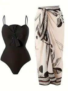 Women's 2-Piece Swimsuit Set - Bow Front Geometric Print High Stretch Polyester Blend, Removable Pads, Long Skirt Cover, Swim Sets for Women, Beach Outdoor Wear, Black