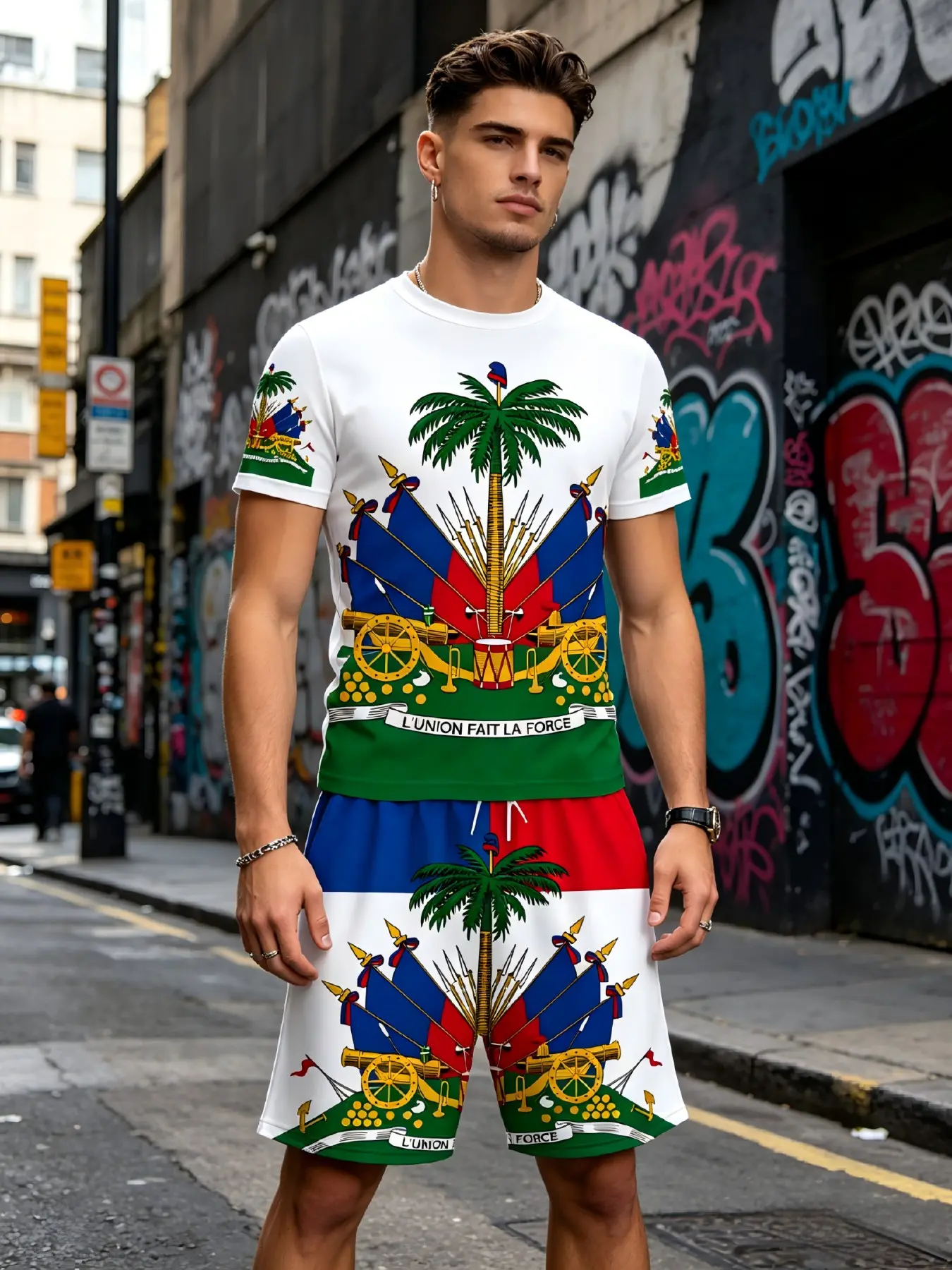 Haiti Flag Men's Two Piece Set - Haitian Pride Matching Outfit, Summer Tropical Short Sleeve Tee & All Over Print Shorts, Casual Fitted Menswear Outfit for Haiti Flag Day Independence Day