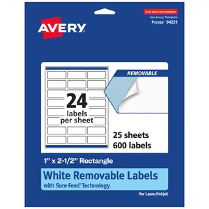 Avery Matte White Removable Rectangle Labels with Sure Feed Technology, 1" x 2.5"