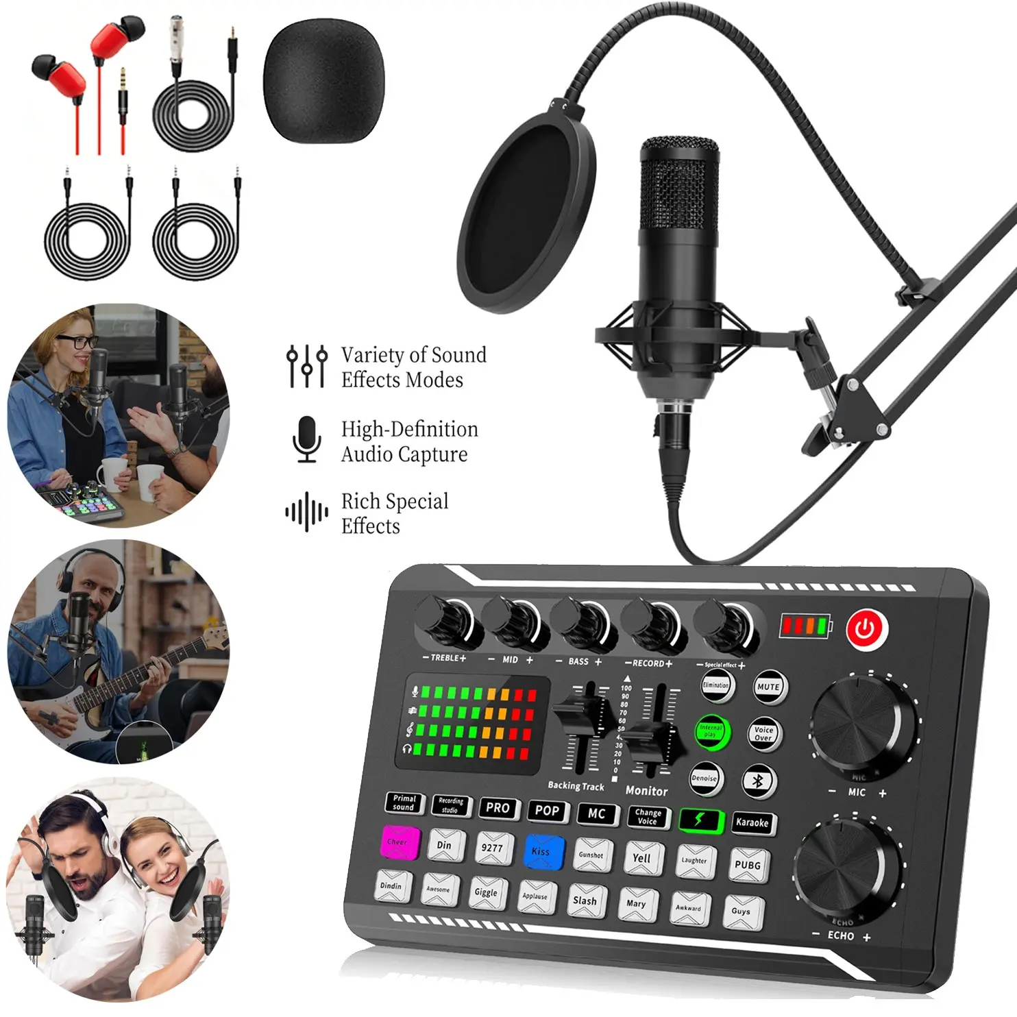 F998 USB Audio Interface with Studio Sound Card Kit, Professional Live Mixer Audio Mixer Console with Voice Changer & 16 DSP Effects for Podcast Equipment, Streaming Broadcasting for PC/Mac/Smartphone Recording, Music Recording Equipment