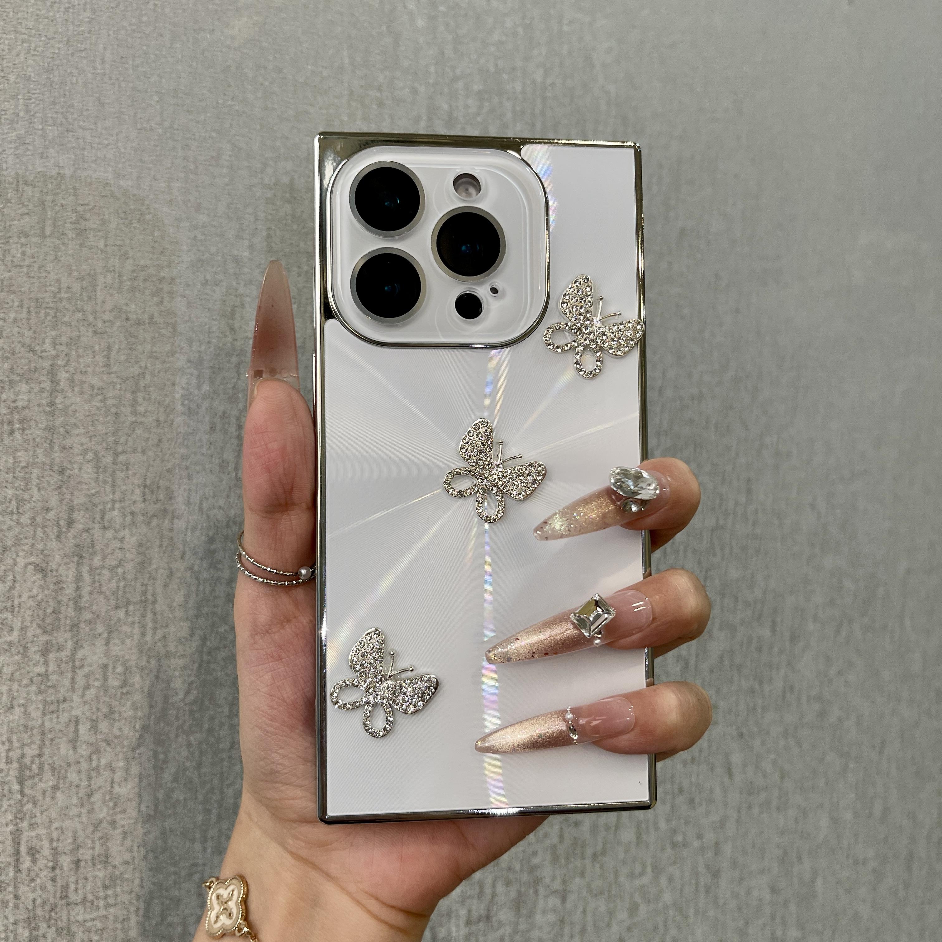 Luxury 3D Rhinestone Butterfly Square Edge Phone Case, Bling Glitter Electroplated Full Camera Protection Shockproof Cover for junk