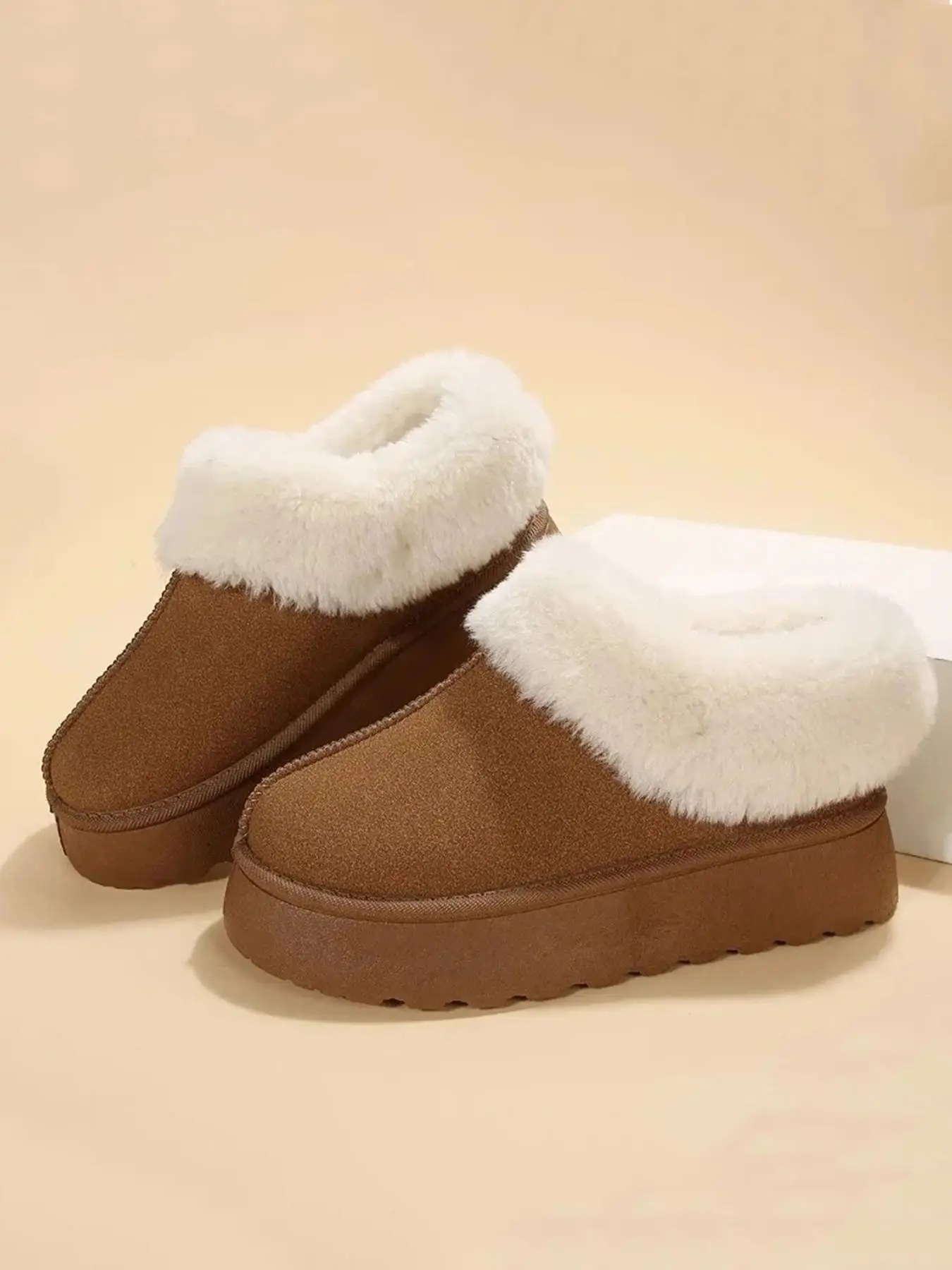 Women's Solid Color Contrast Faux Fur Slippers, Casual Soft Comfortable Home Slippers, Warm Slippers for Indoor & Outdoor Use for Fall & Winter, Valen