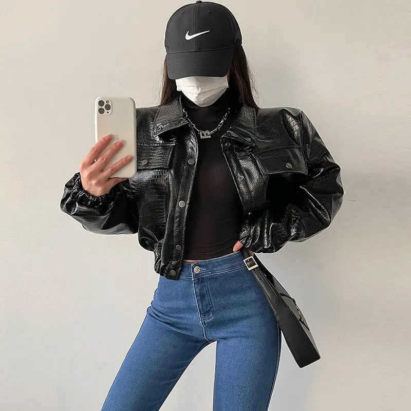 Lautaro Spring Autumn Short Cool Oversized Crocodile Print Faux Leather Jacket Women Button Up European Fashion Streetwear