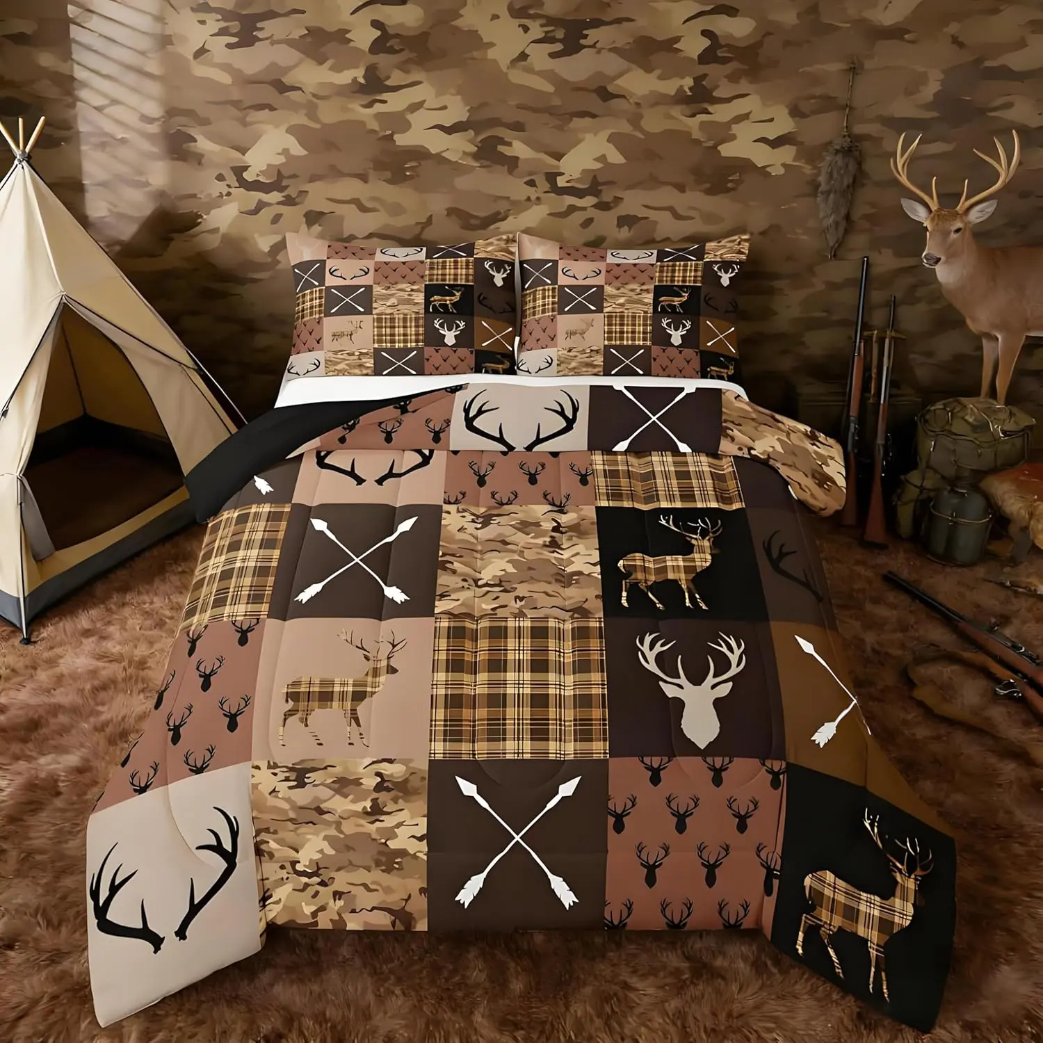 Hunting Camo Deer Comforter Set Rustic Western Farmhouse Bedding Set Wildlife Animal Duvet Quilt Camouflage Hunter Bedroom Decor