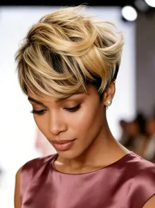 6 Inches Short Pixie Cut Wigs for Women, Human Hair Wig 1b27, Straight Wig with Bangs, Natural Look, Easy Maintenance