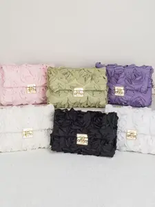 French Rose Pleated Clutch Bag, 3D Satin Flower Chain Lock Purse, Macaron Multi-Color Shoulder Bag, Fashionable Patterned Bag, Versatile Commute Date Crossbody