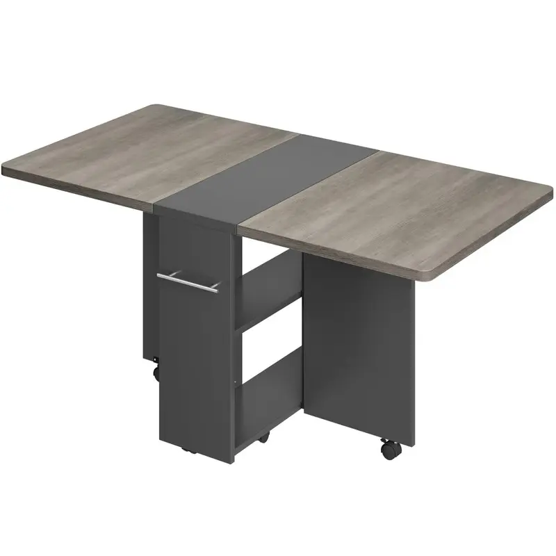 Carlo Grey Rectangular Kitchen Table - Foldable Extendable Drop Leaf, 2-Tier Storage, 4-Person Farmhouse Dining Table, 15mm Thick Tabletop, 150lbs Capacity, for Kitchen/Dining Room, 47.2in D x 23.6in W x 29.5in H