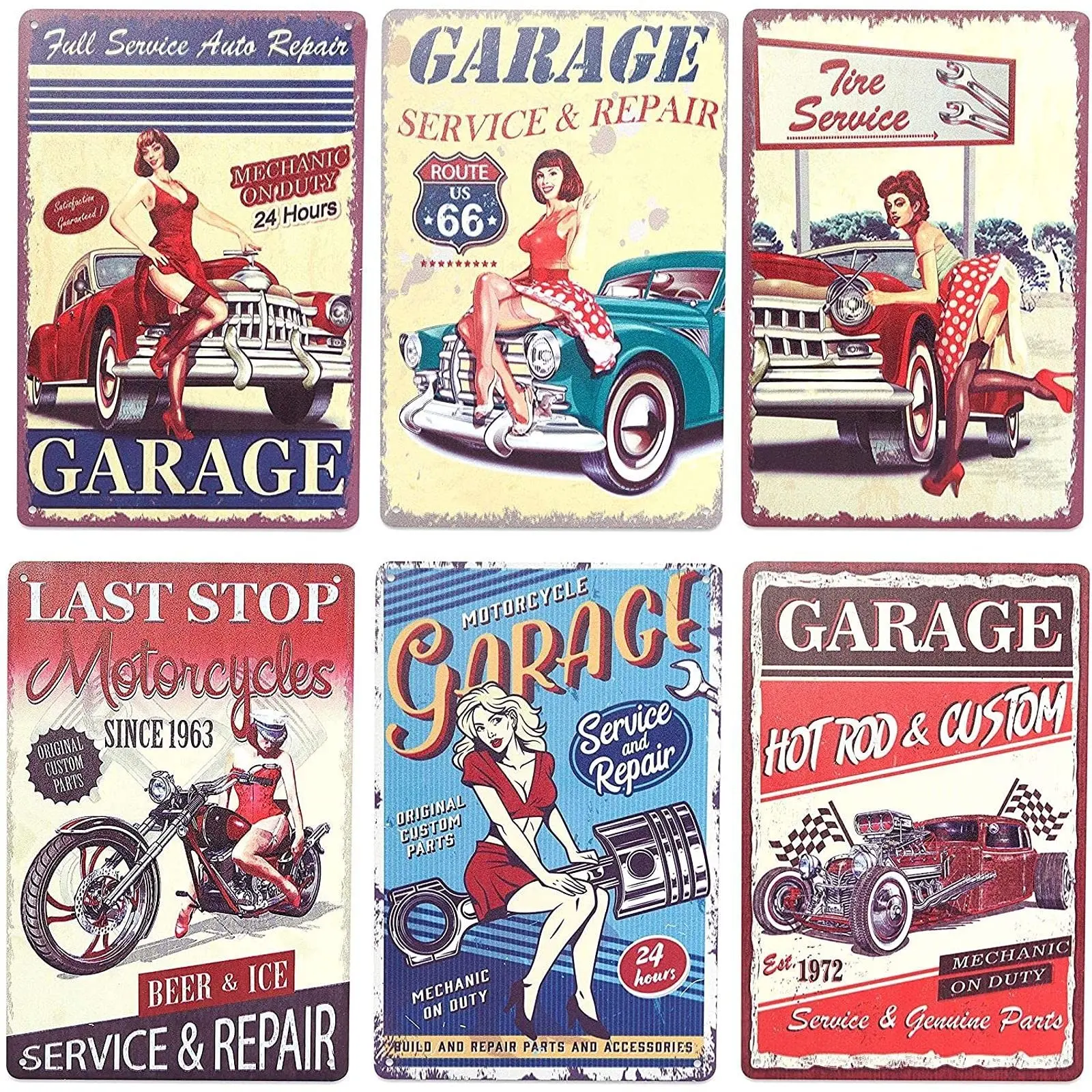 Vintage Metal Signs, Rust-Resistant Iron Build, Pre-Drilled Mounting, Garage Decor for Men, Multicolor Retro Designs, Rectangle Design, 6-Pack, 11.8 X 8 in