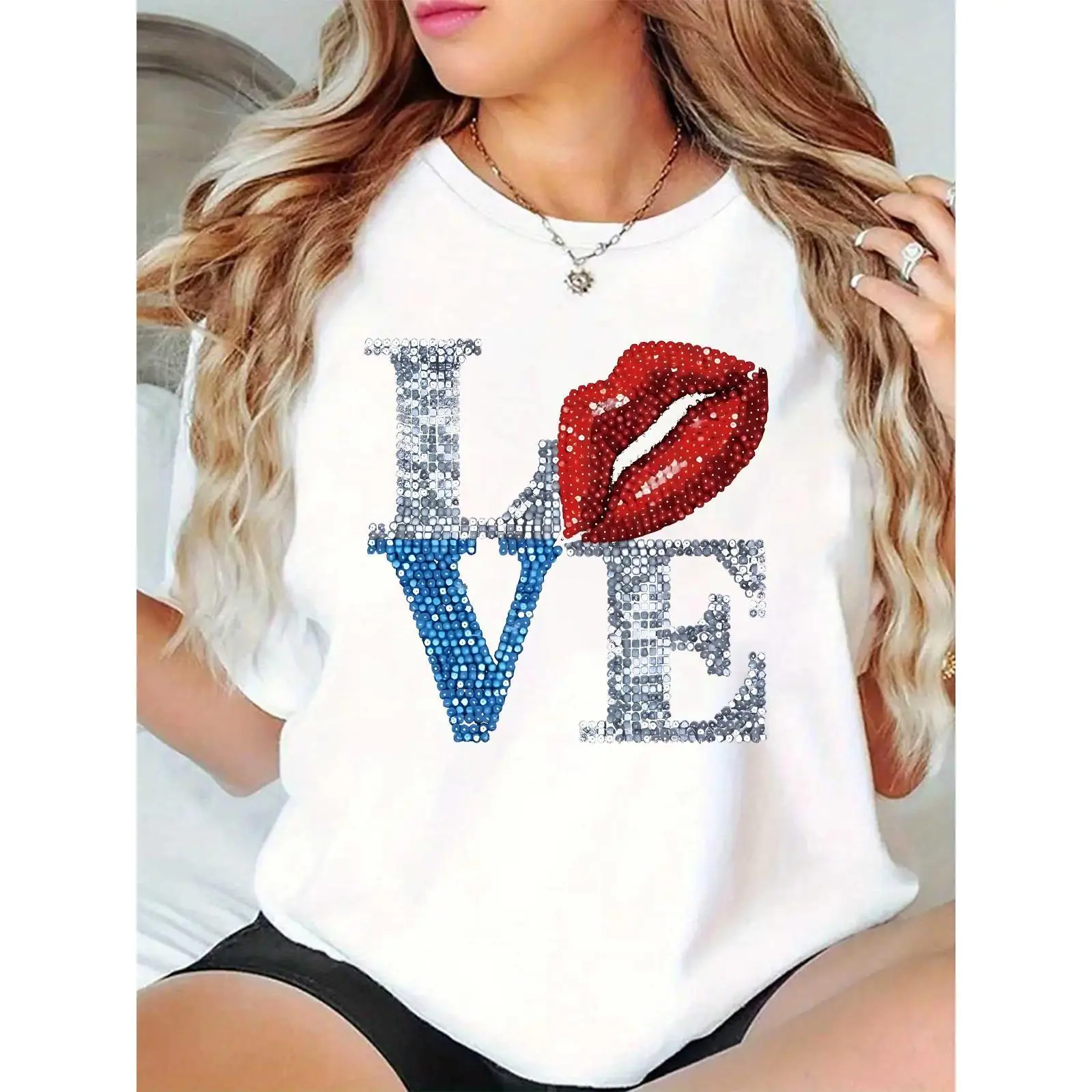Women's 100% Cotton Loose-Fitting White Sequin LOVE Graphic Print T-Shirt - Red Lips, Lightweight Breathable, Short Sleeves, Round Neck, Machine Washable Valentine's Day Streetwear Outfits Casual Bling Top for Ladies (Pair with Skirts)