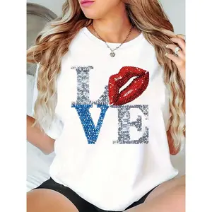 Women's White Sequin LOVE Graphic T - Shirt with Red Lips, Casual Valentine's Day/Everyday Bling Top for Ladies, Sparkly Fashion Tee 100% Cotton T-shirt
